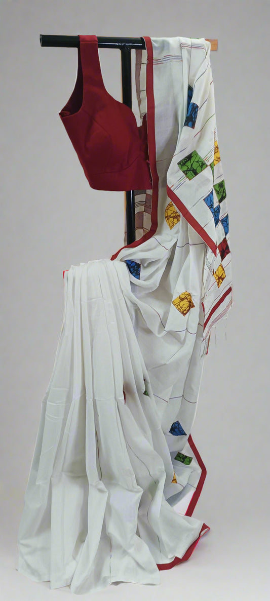 Utsav Shwet Cotton Hand Block Saree