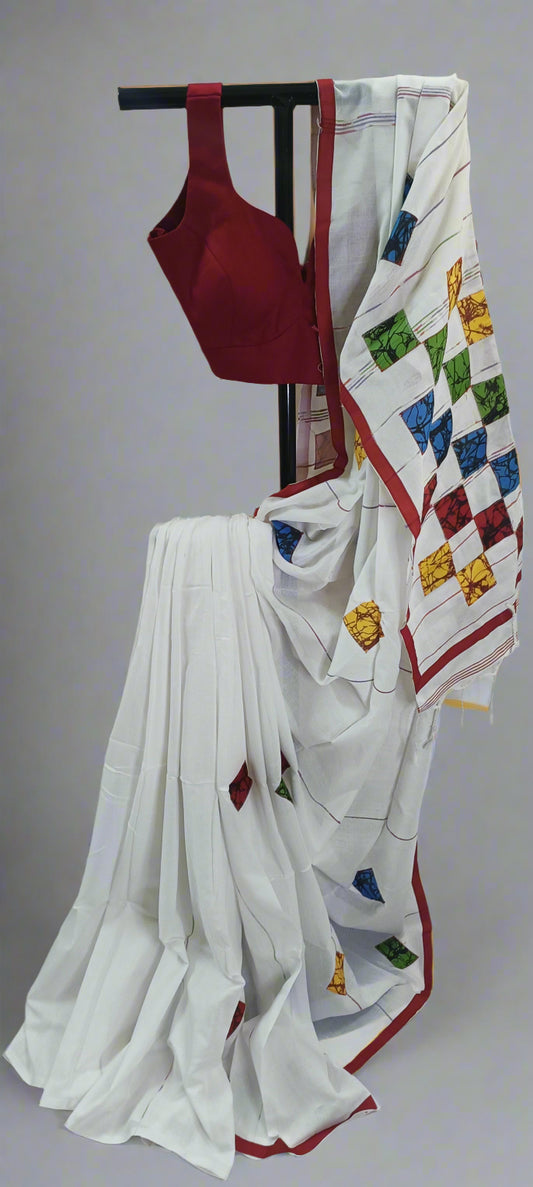 Utsav Shwet Cotton Hand Block Saree