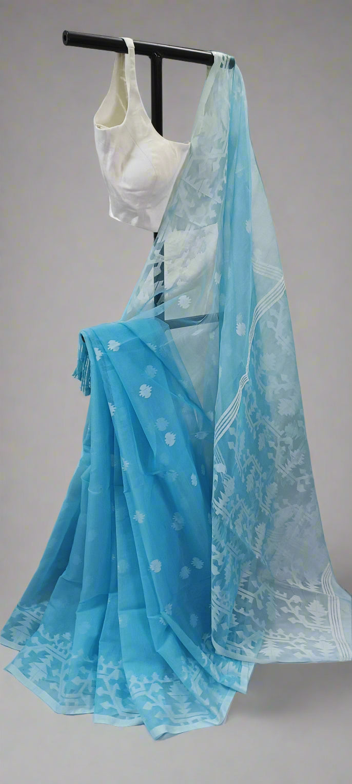 NABONEEL Sky Blue Jamdani Cotton Saree