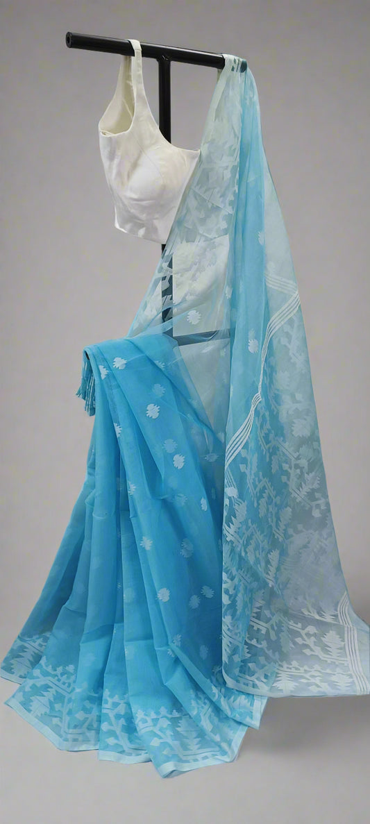 NABONEEL Sky Blue Jamdani Cotton Saree