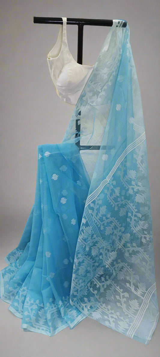 NABONEEL Sky Blue Jamdani Cotton Saree