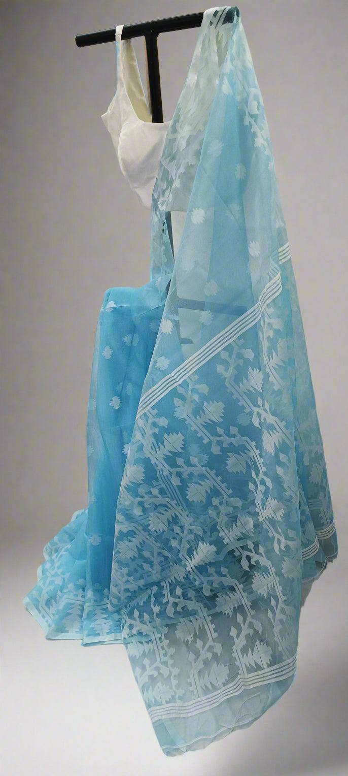 NABONEEL Sky Blue Jamdani Cotton Saree