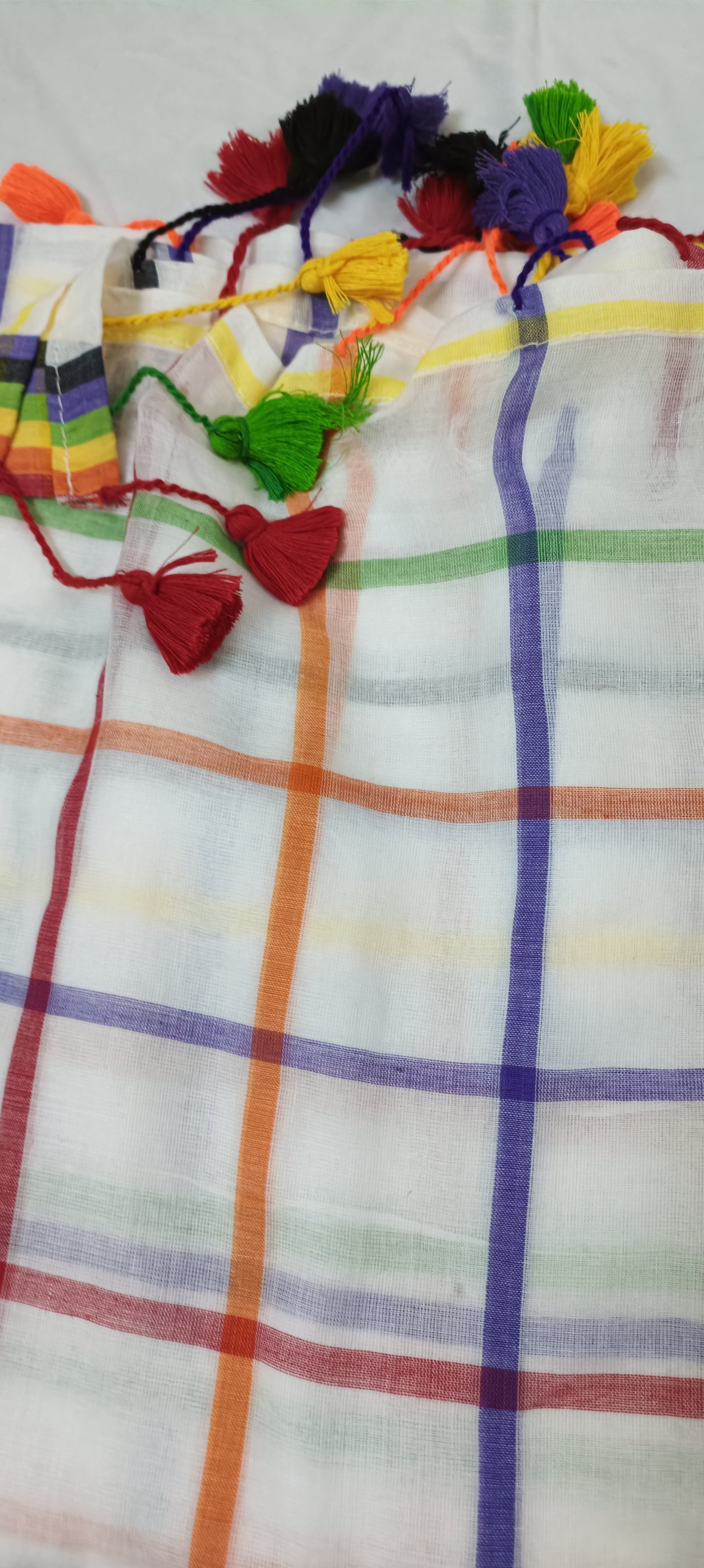 RANGREKHA Rainbow-Checked White Cotton Saree