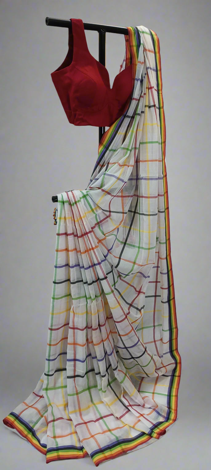 RANGREKHA Rainbow-Checked White Cotton Saree