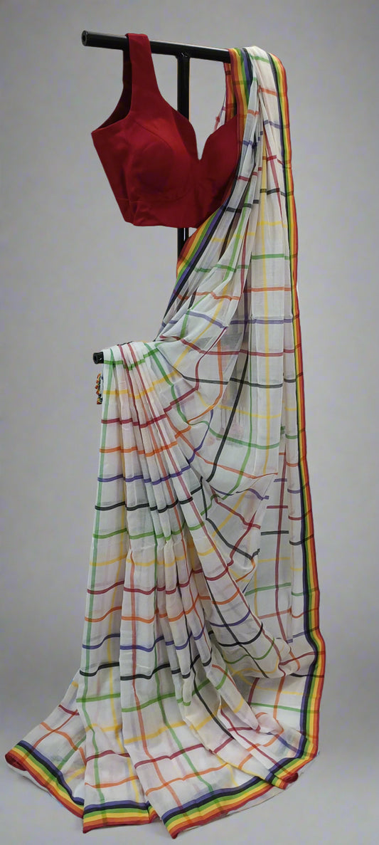 RANGREKHA Rainbow-Checked White Cotton Saree