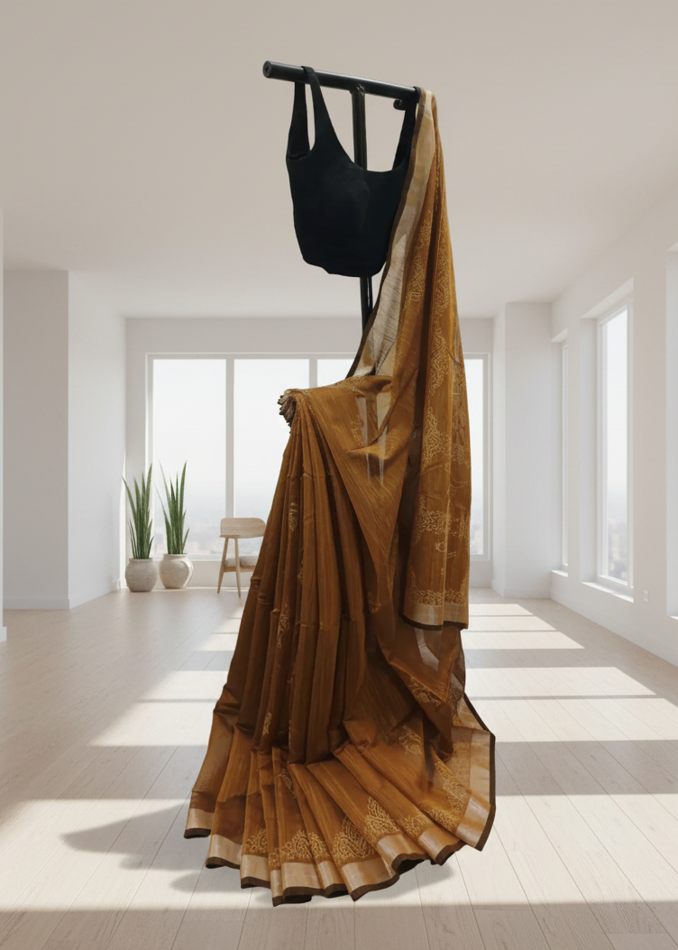 Brown saree with gold border hanging on a stand in a bright room.