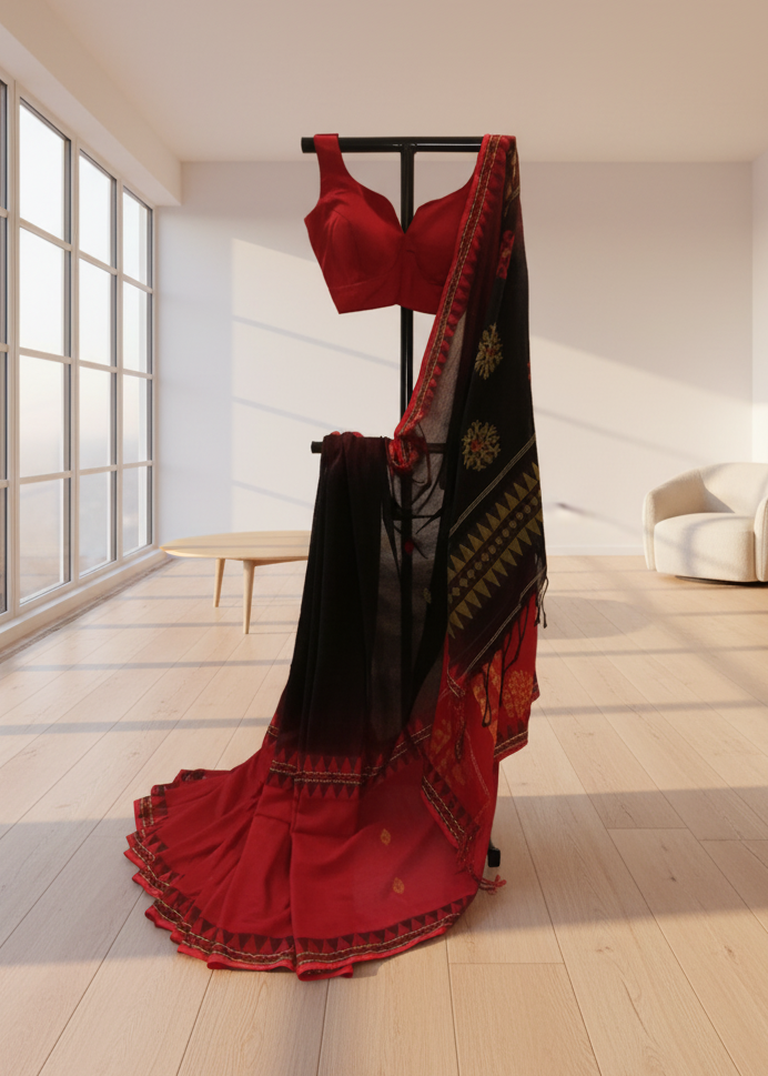 Red cotton saree with black blouse draped over a stand in a bright room.