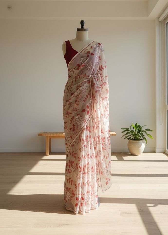 jamdani Saree with floral pattern on a mannequin in a room with sunlight streaming in
