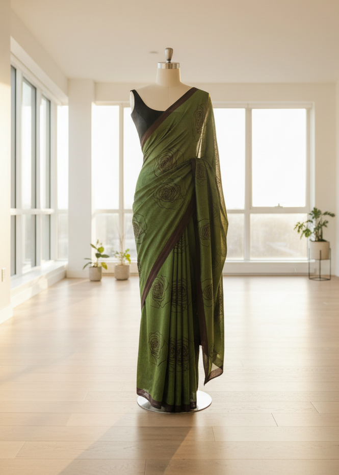Green cotton saree on a mannequin in a bright room with large windows.
