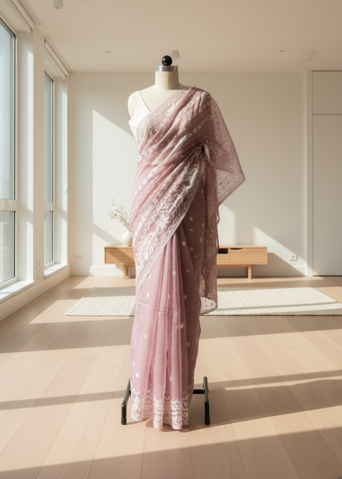 Gulabi Noor Jamdani Linen Saree