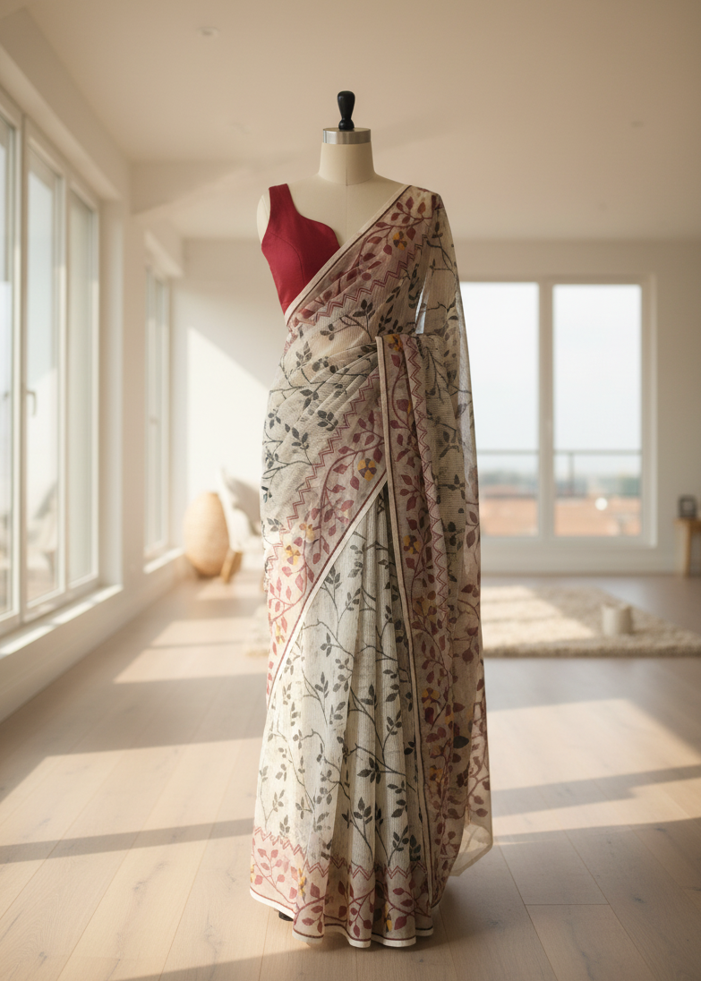 jamdani Saree on a mannequin in a bright room with large windows