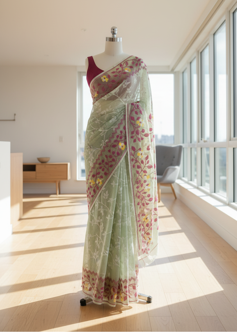 Light green saree with jamdani floral patterns on a mannequin in a bright room.