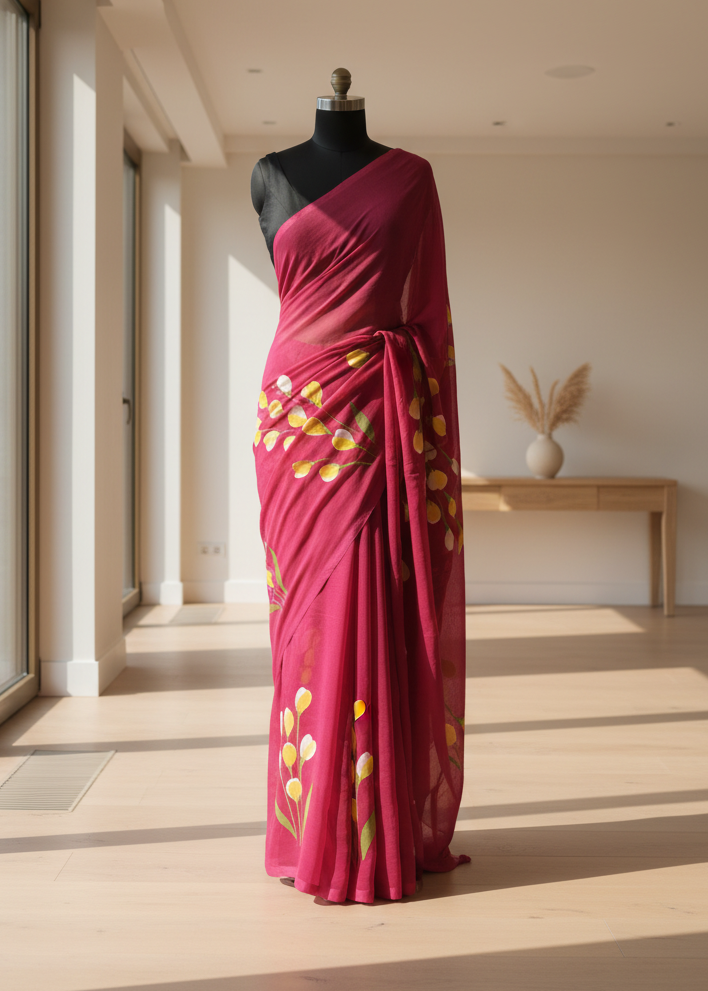 Red Mul cotton saree with floral patterns on a mannequin in a room with large windows.