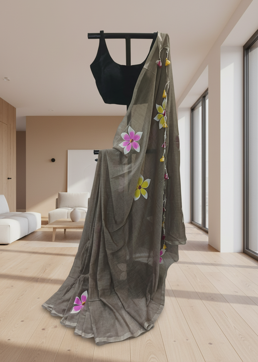 Gray saree with floral patterns on a hanger in a modern room.