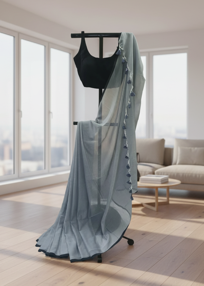 Gray saree with black blouse on a mannequin in a room with large windows.