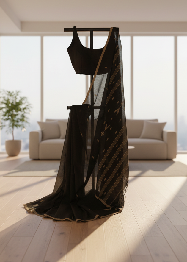 Black saree with sheer overlay on a stand in a bright room with a couch and plant.