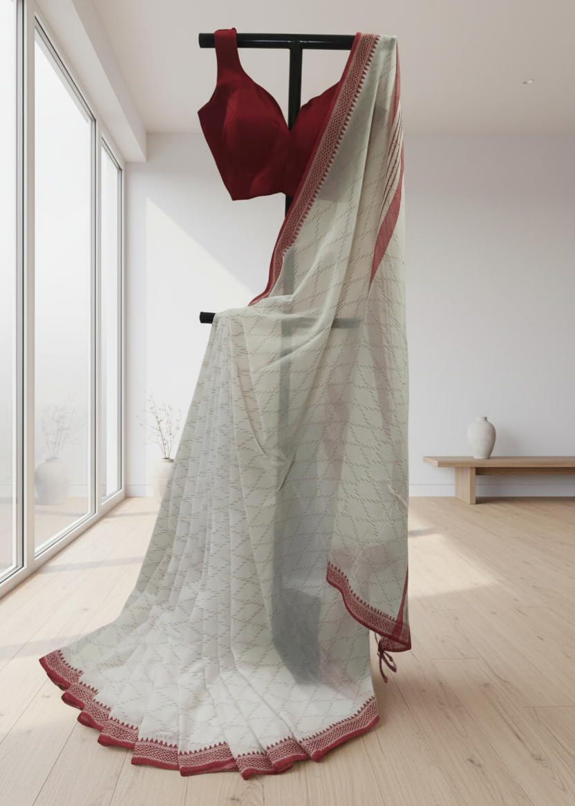 White cotton saree with red border draped over a black rod in a room with large windows.