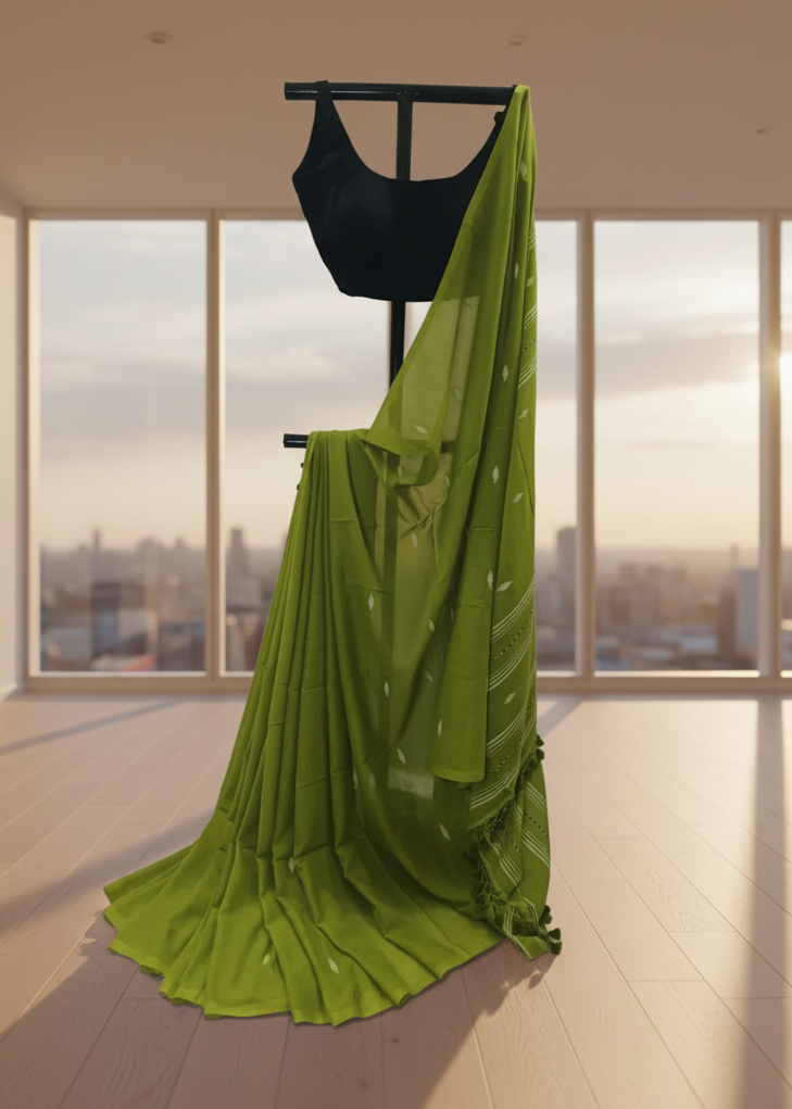 Green saree and black blouse on a mannequin against a window backdrop