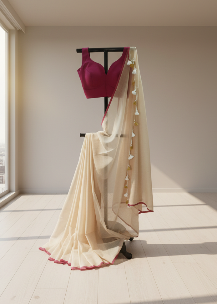 Pink blouse and cream saree with red border on a black stand in a bright room.