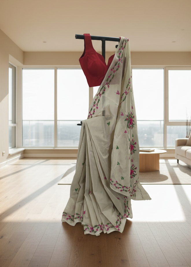 Madhurima Ivory Threadwork Cotton Saree