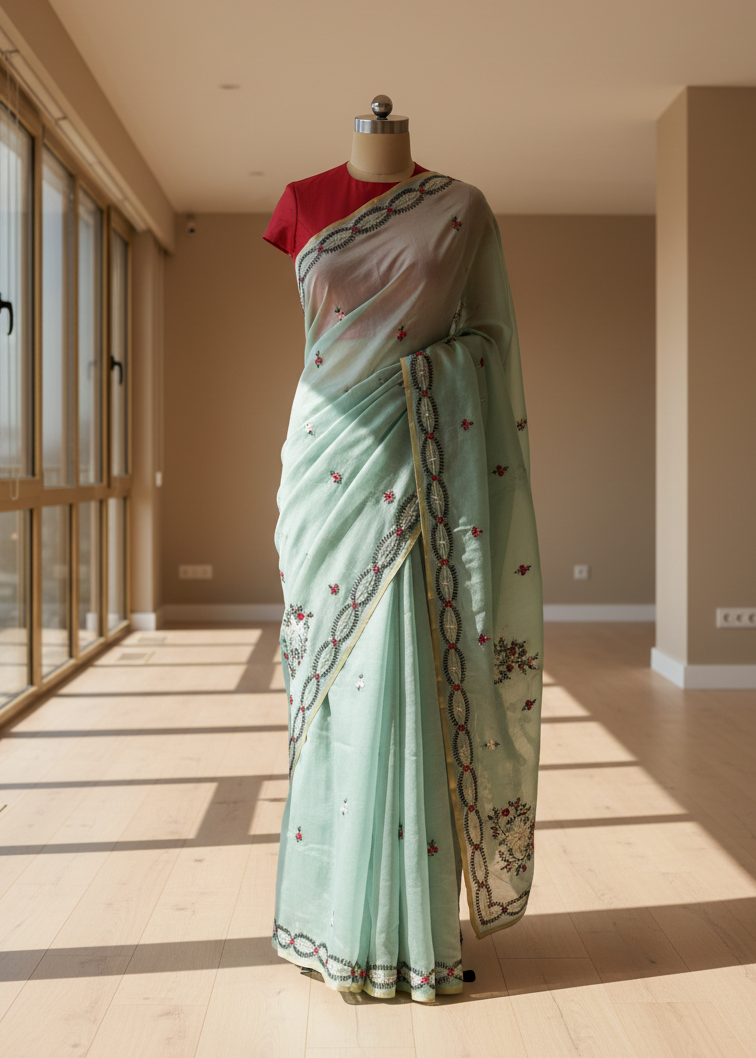 Mint green saree with threadwork