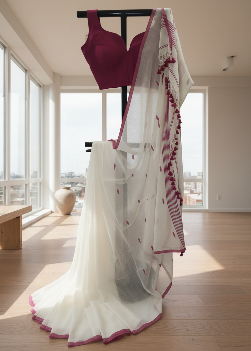 white saree and red blouse on a mannequin against a window backdrop