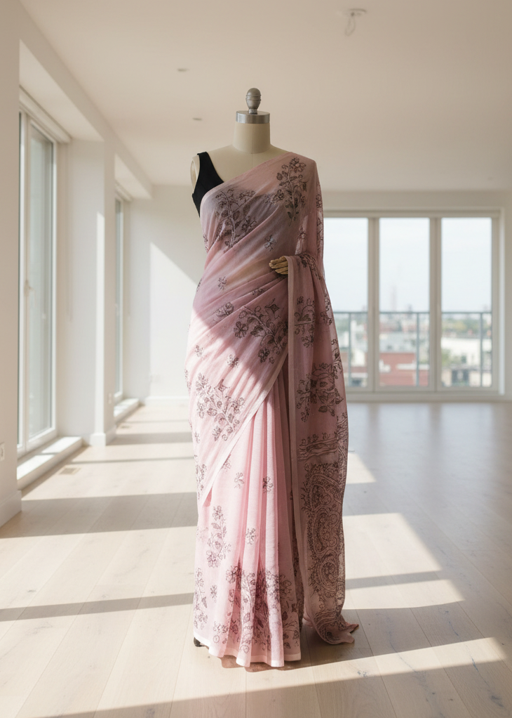Pink Mul cotton saree with kantha stitich
