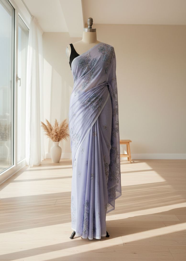 lavender Kantha Mul Cotton Saree