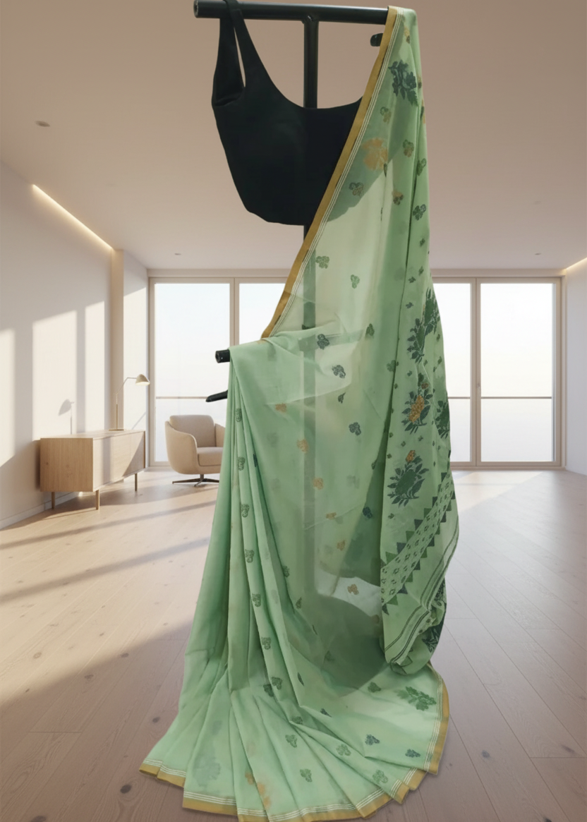 mint green printed cotton saree