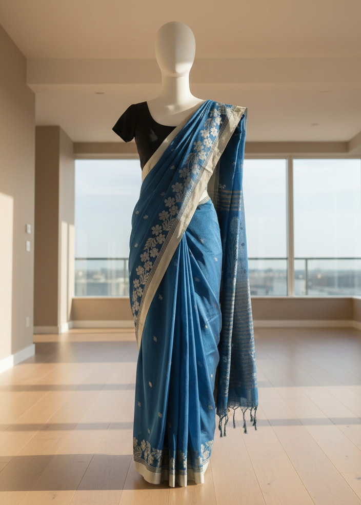 Blue Cotton Saree with floral work