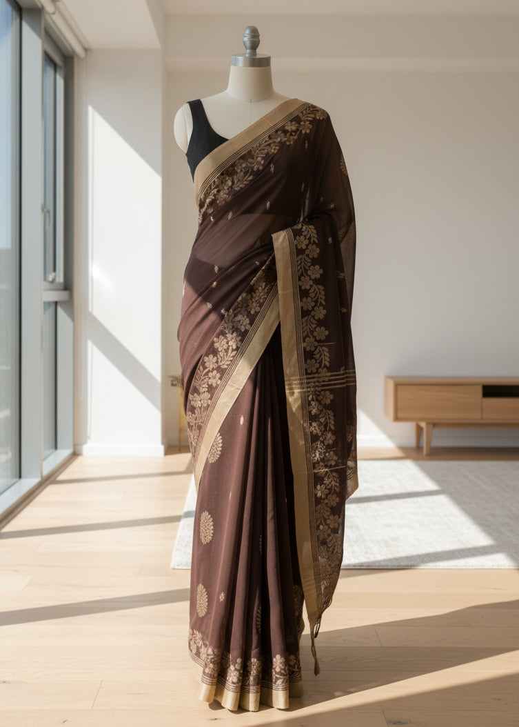 brown cotton saree with floral motif