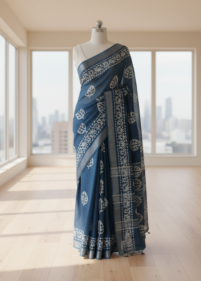 blue cotton saree with batik print