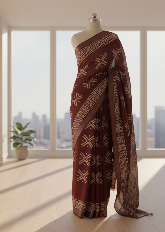 Maroon batik print cotton saree