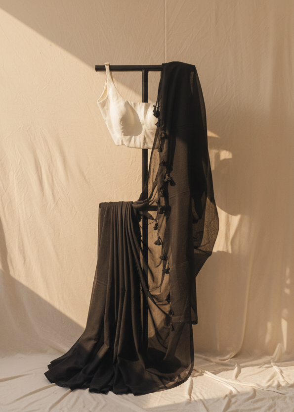 Black mul cotton saree on a rack against a beige curtain background