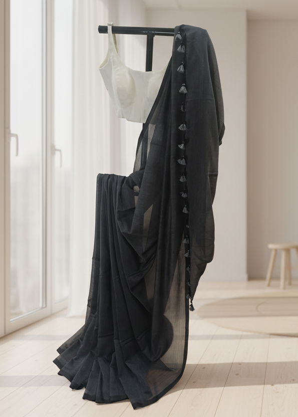 Black mul cotton saree