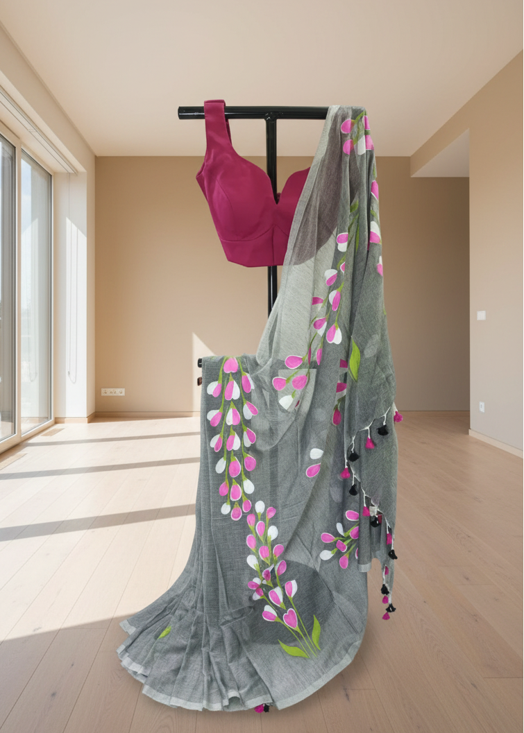 Gray saree with floral patterns draped over a black rod in a room with large windows.