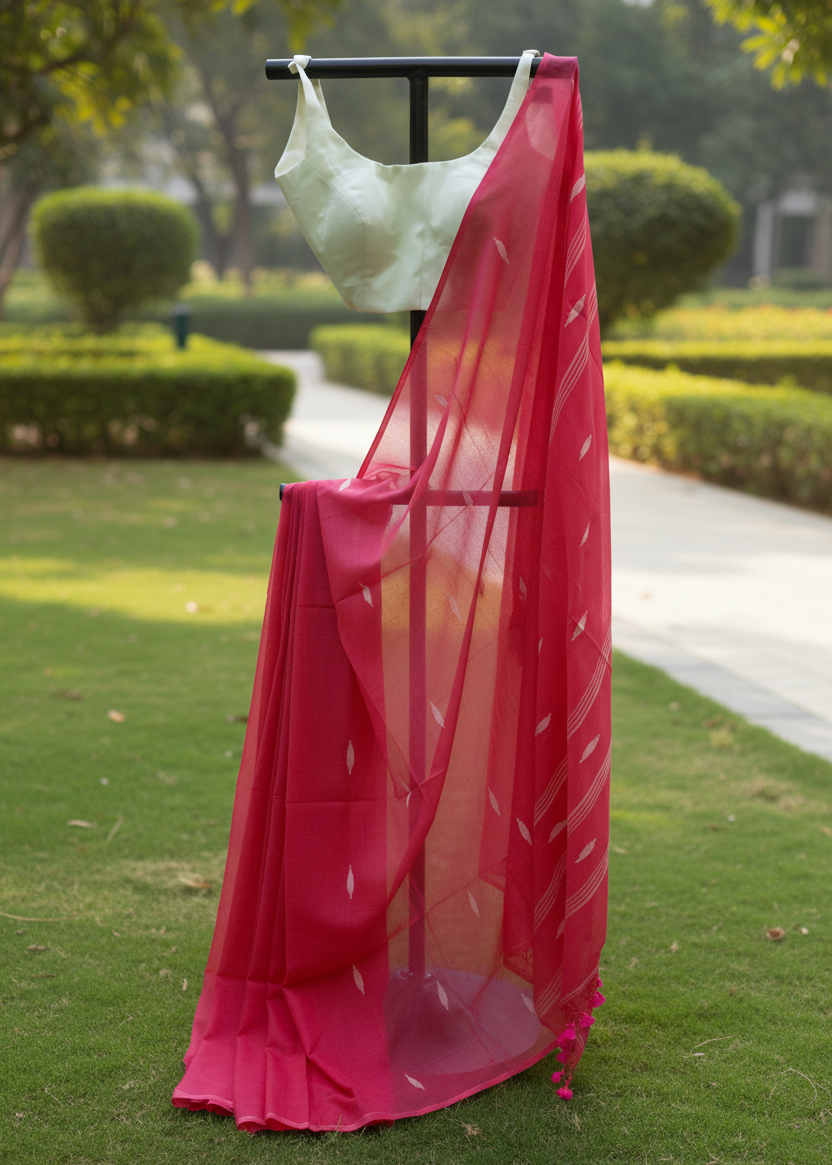 A bright pink saree with white printed motifs and a light green blouse draped on a black stand in an outdoor garden setting.