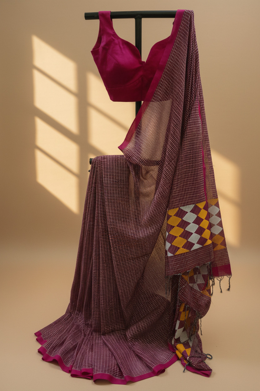 A draped purple saree with a matching magenta blouse and a patterned border, displayed on a black stand against a beige background with window shadow projections.