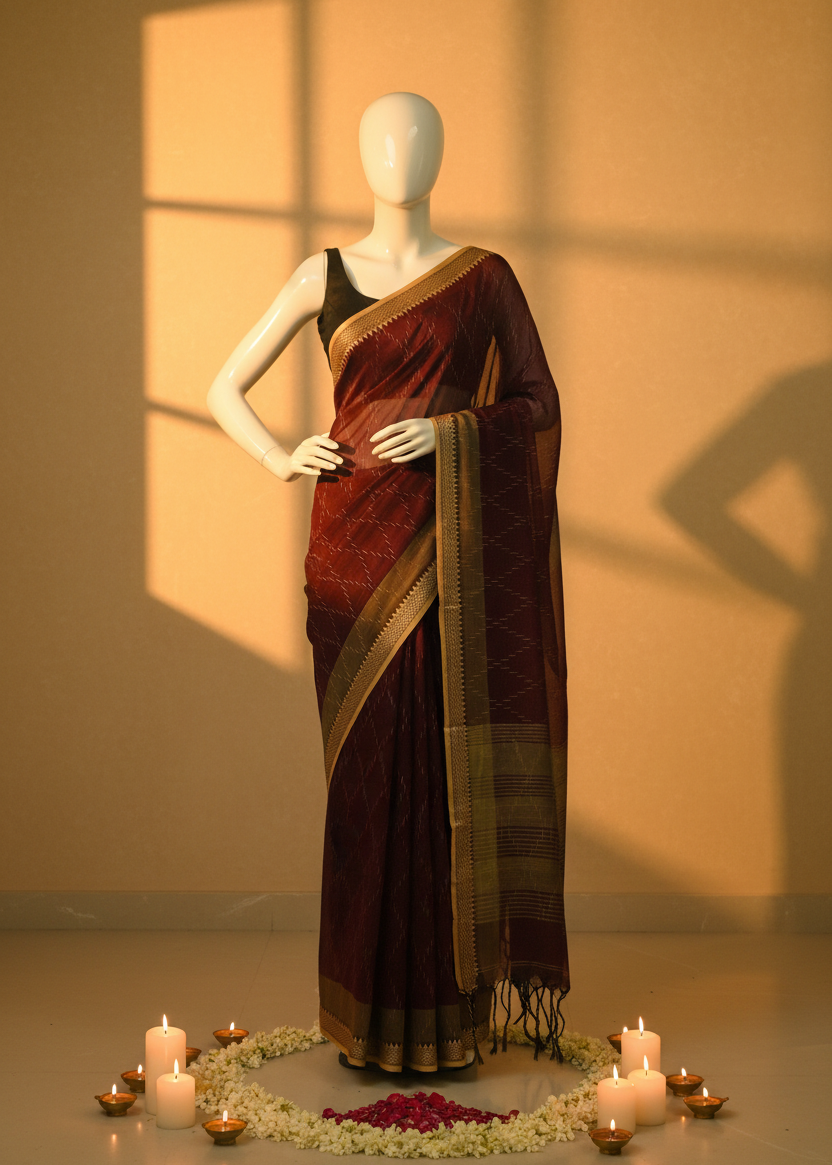 A dark red and gold saree displayed on a white mannequin, styled with a black blouse. The scene is set against a warm beige wall with window shadow projections, decorated with lit candles and flower petals on the floor.