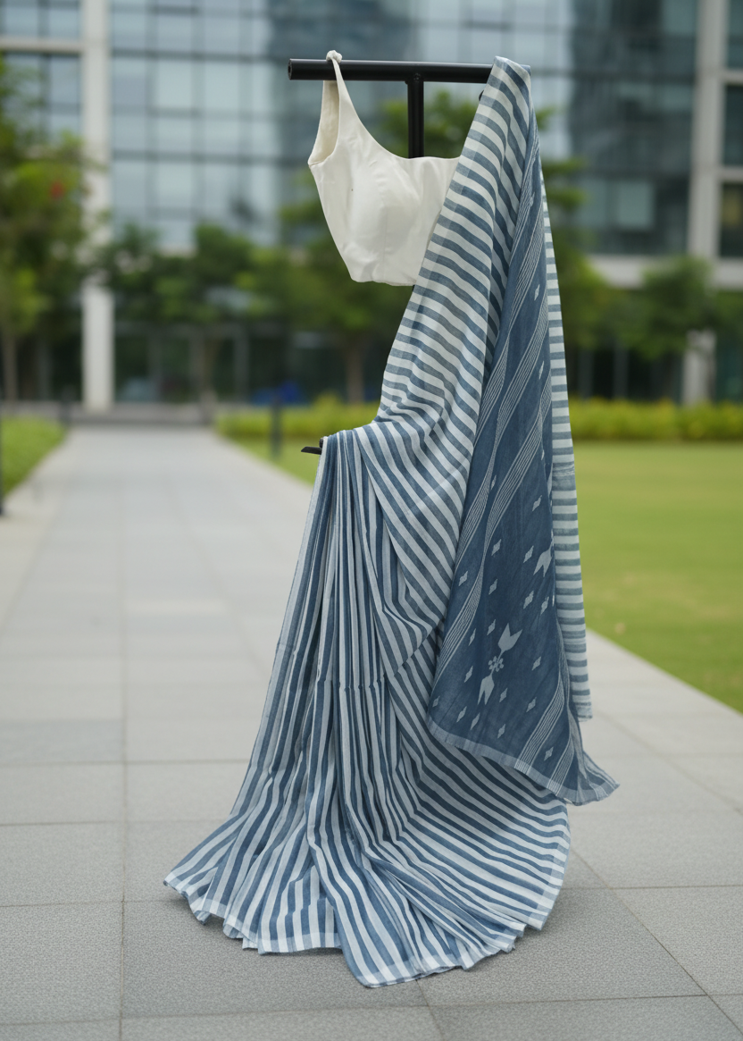 A blue and white striped saree draped over a black clothing rack outdoors on a paved walkway, with a white sleeveless blouse hanging above it. A modern glass building and green lawn are blurred in the background.