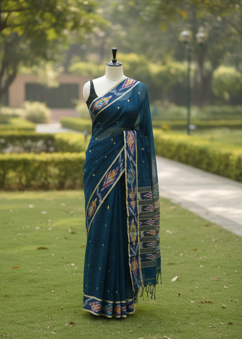 A dark teal blue saree with intricate multicolor geometric patterns and gold motifs, displayed on a mannequin in an outdoor garden setting.