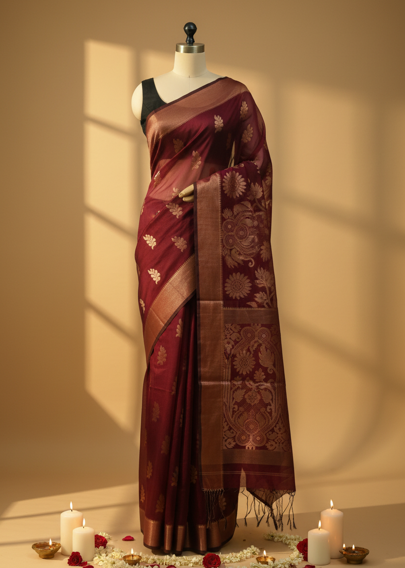 A deep maroon silk saree with intricate gold zari floral motifs and a wide gold border, draped on a mannequin. The saree is styled with a black blouse on a mannequin, set against a warm beige background with soft window shadow projections, decorated with lit candles, rose petals, and small brass oil lamps on the floor.