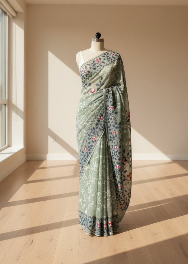 Green floral jamdani saree on a mannequin against a neutral wall with sunlight casting shadows.