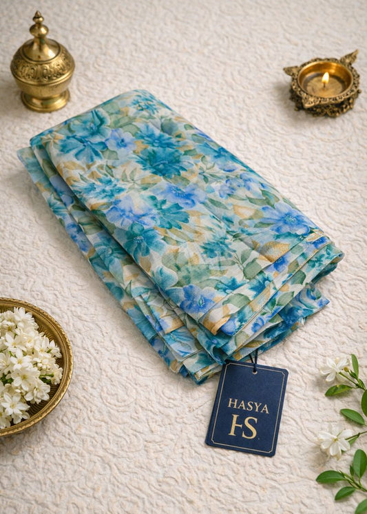 Aqua Petal Bloom Chiffon Saree