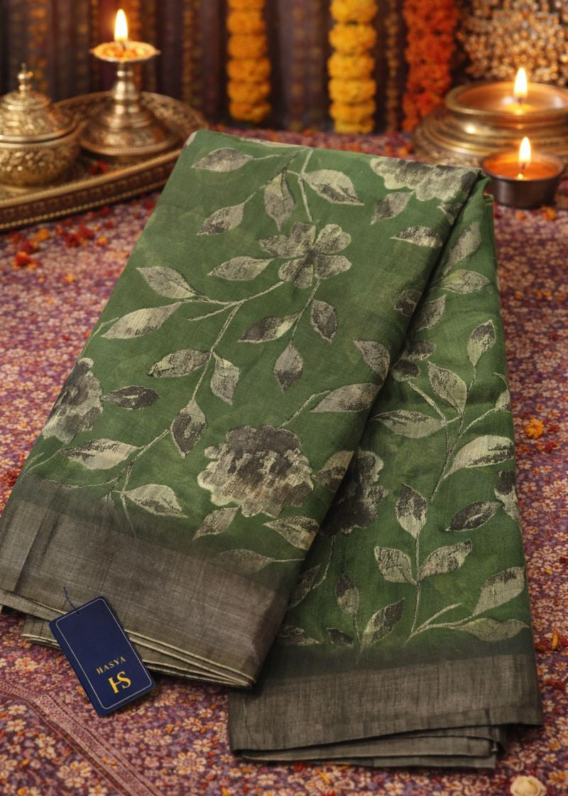 Vanashree Linen Saree with Sepia Floral Print