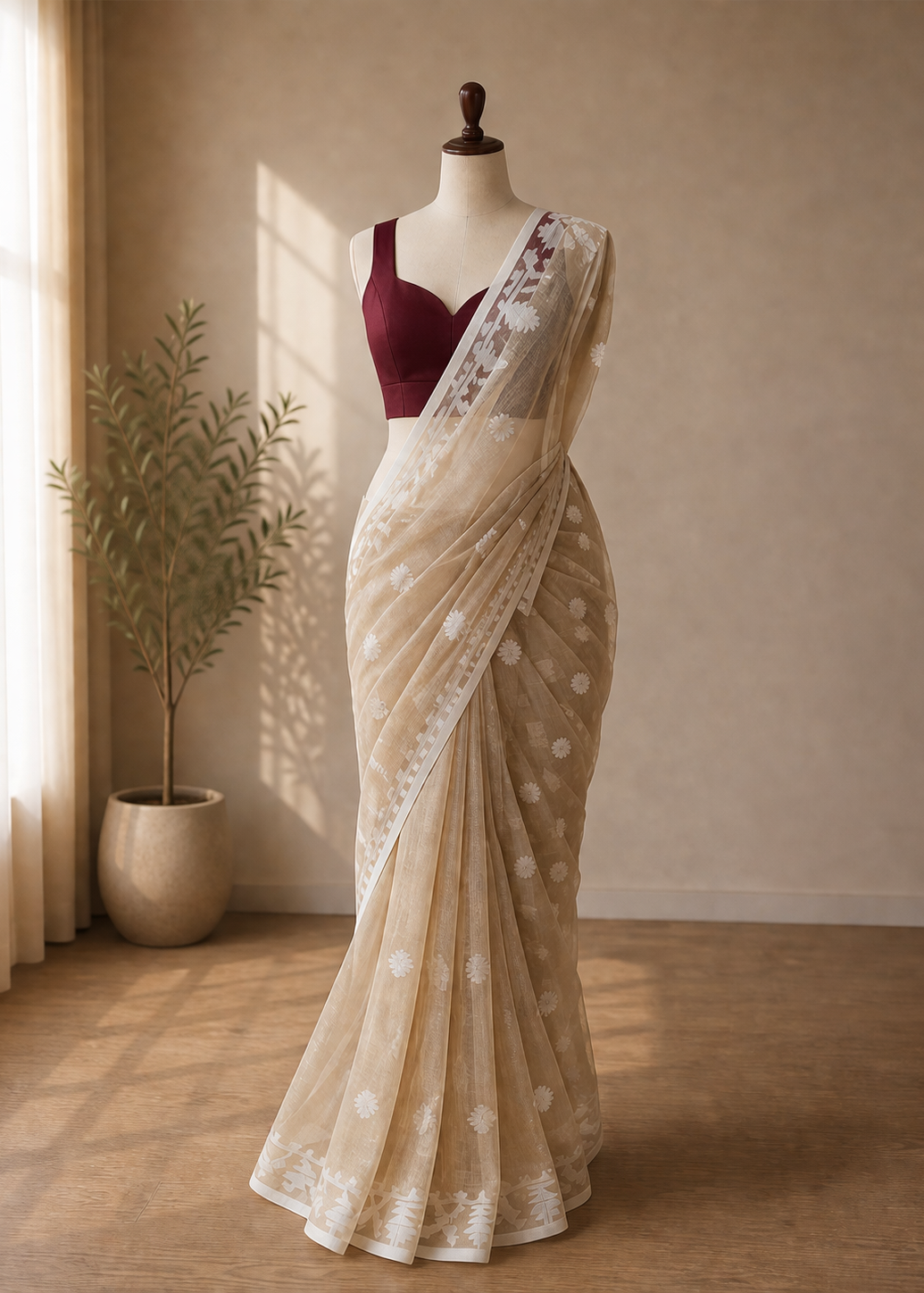 Chhaon Beige Muslin Organza Saree
