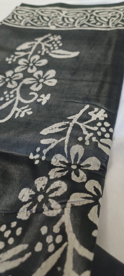 Night Garden Black Floral Block Print Saree