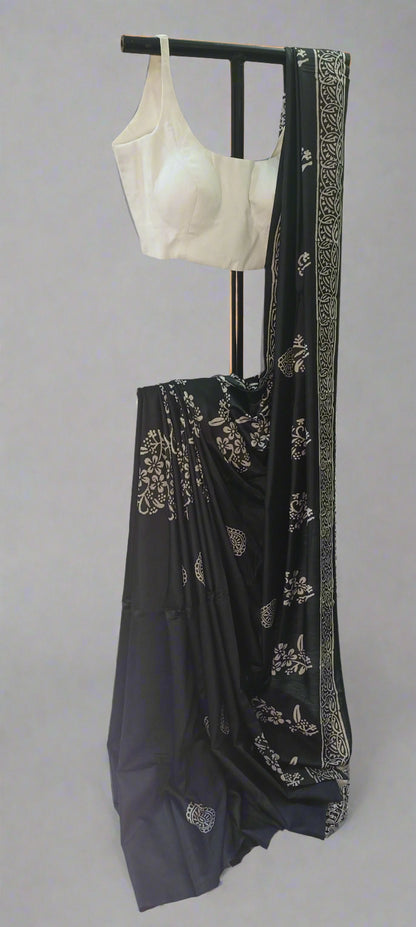 Night Garden Black Floral Block Print Saree