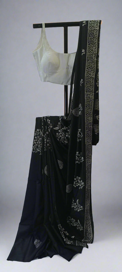 Night Garden Black Floral Block Print Saree