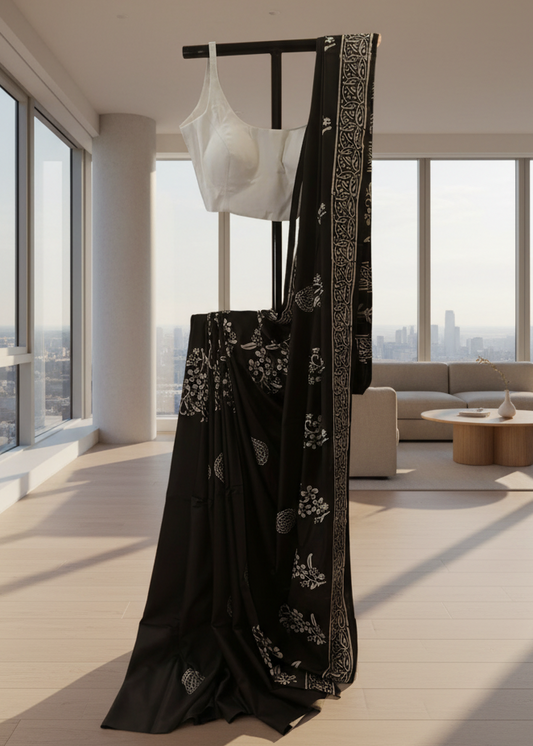 Night Garden Black Floral Block Print Saree